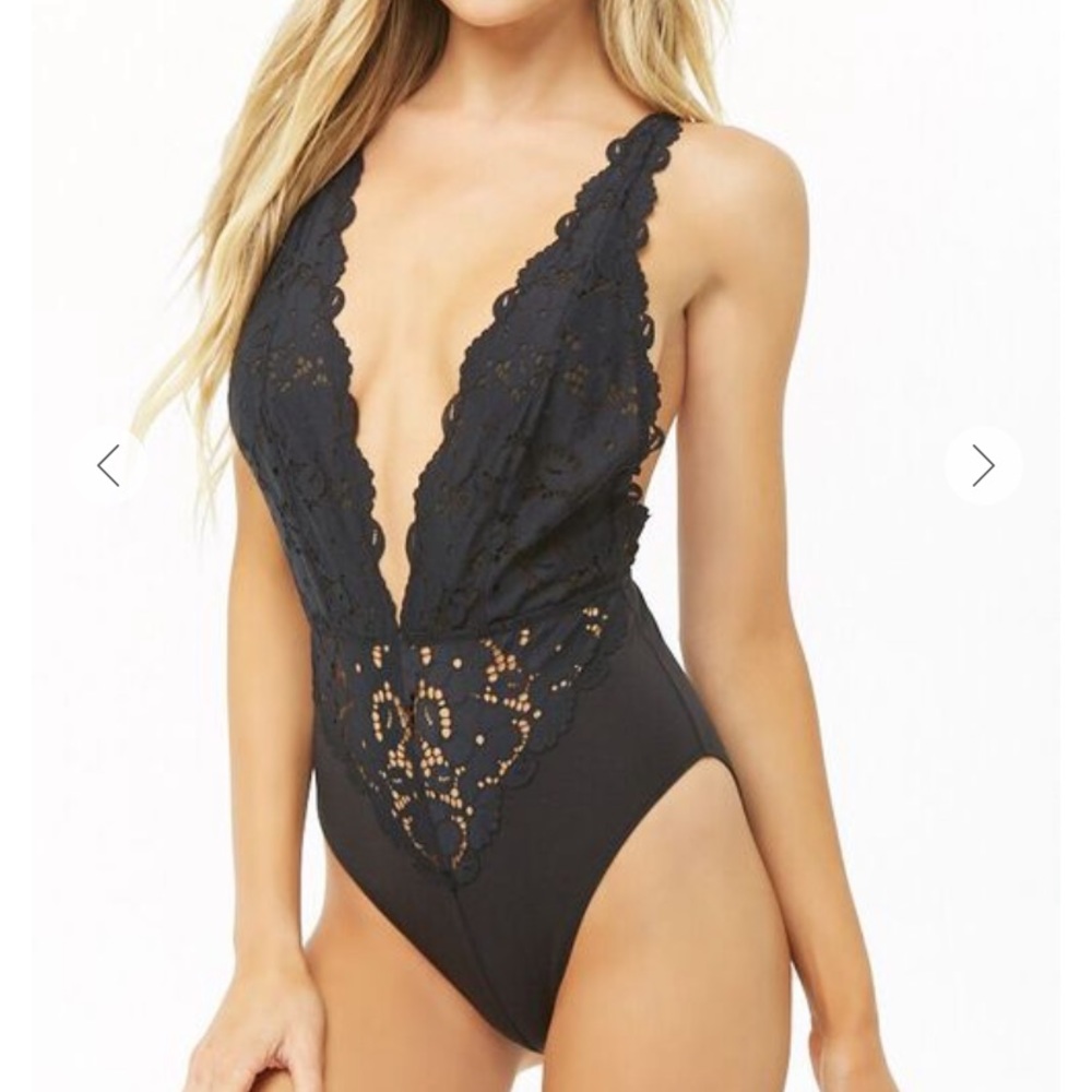 Small Semi-Sheer Black Lace Bodysuit Forever21